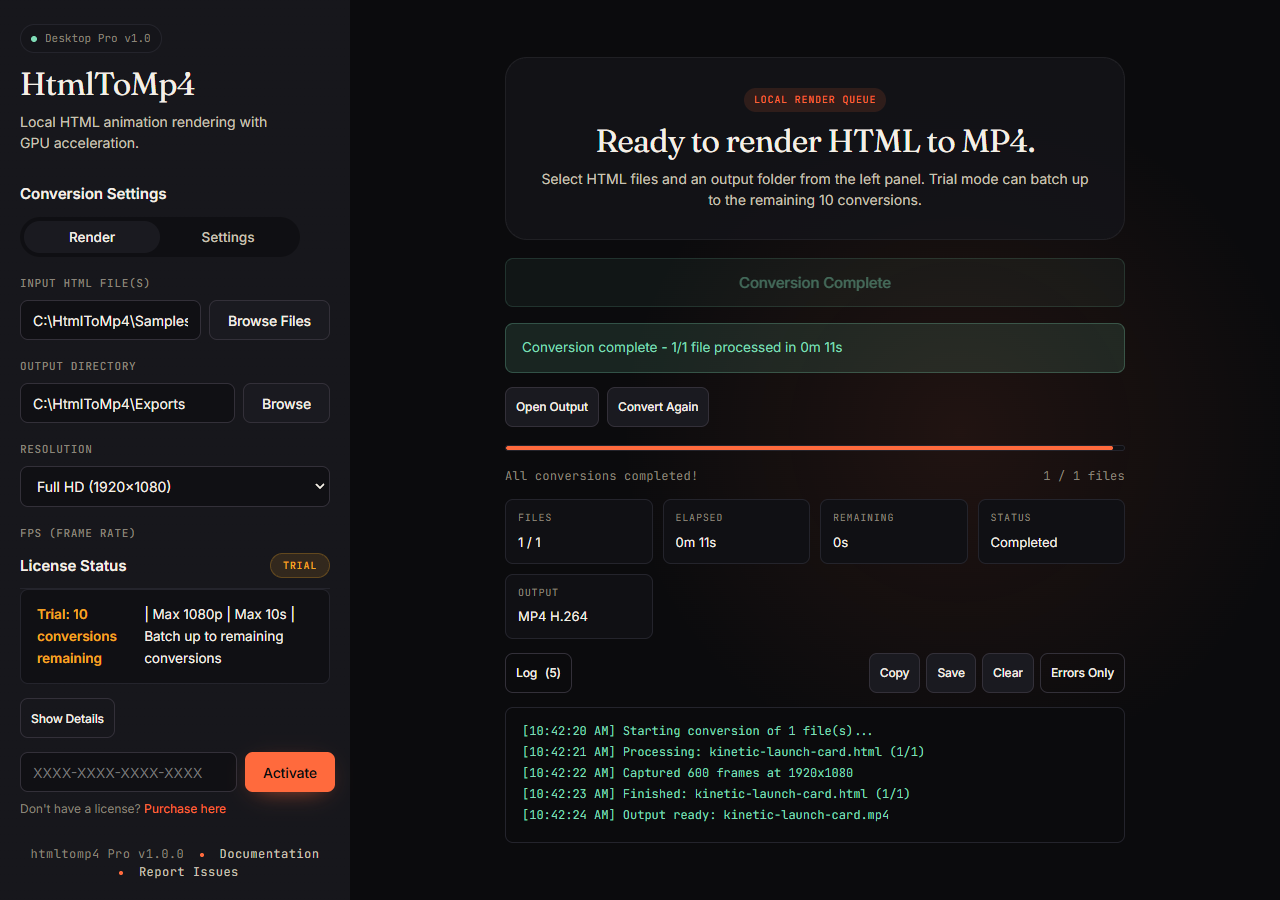 HtmlToMp4 conversion complete screen with output actions and final logs.