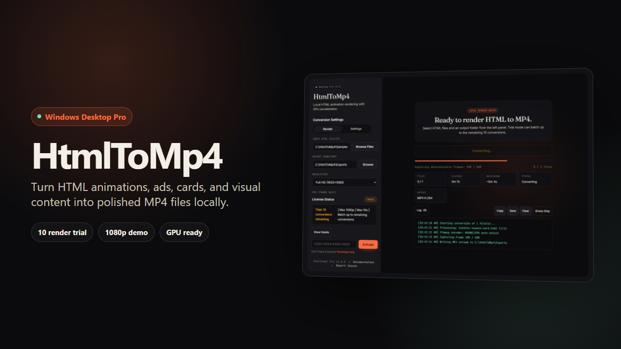 HtmlToMp4 desktop app rendering an HTML animation to MP4.